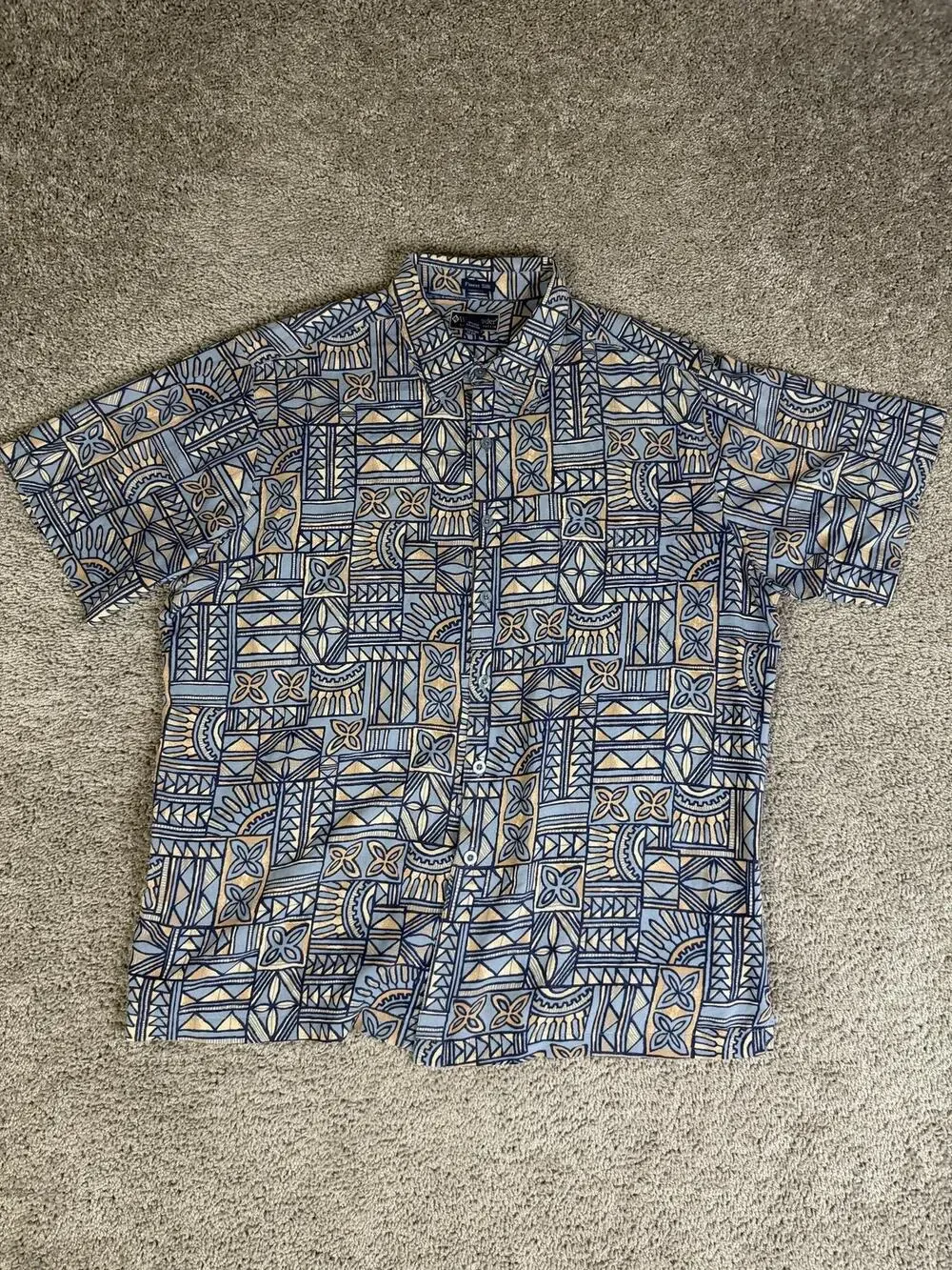 Weekender Shirt Mens 2XL Blue Geometric Short Sleeve Button Up Silk Cotton